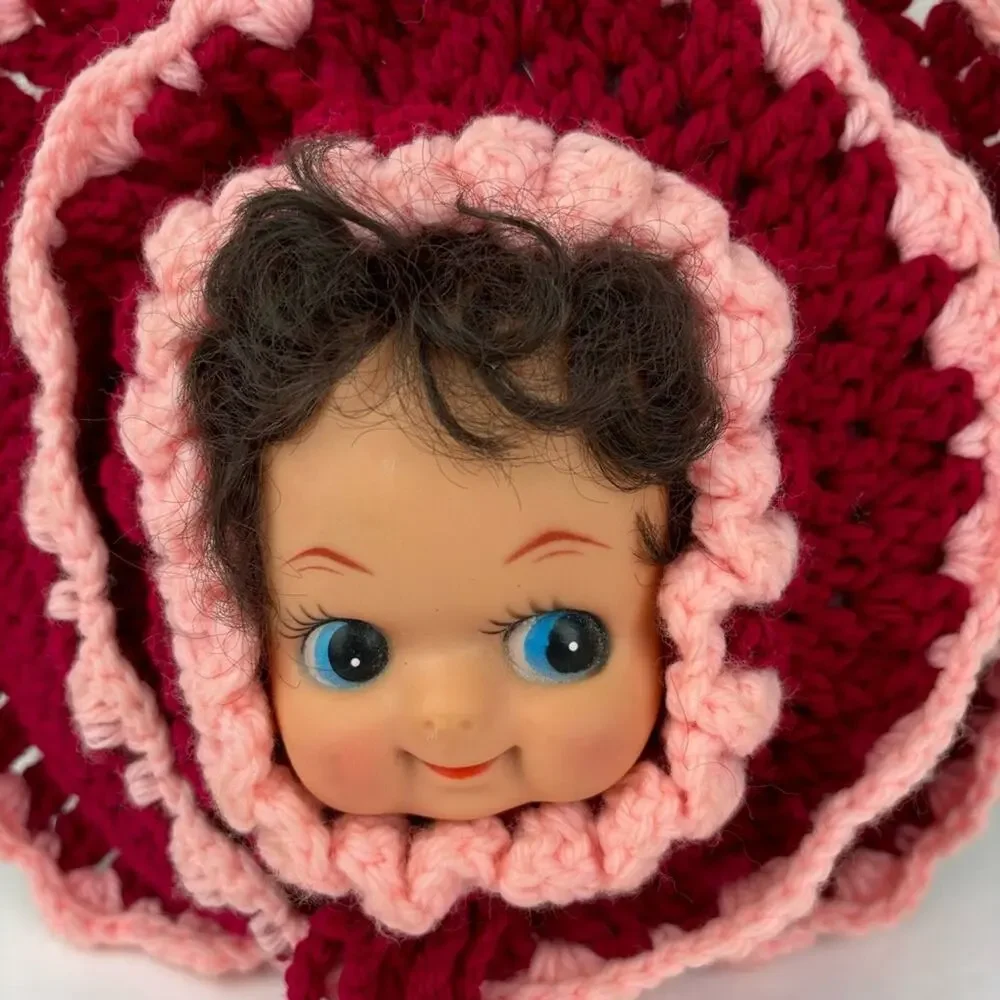Vintage Doll Face with Red and Pink Crochet Bonnet Pillow